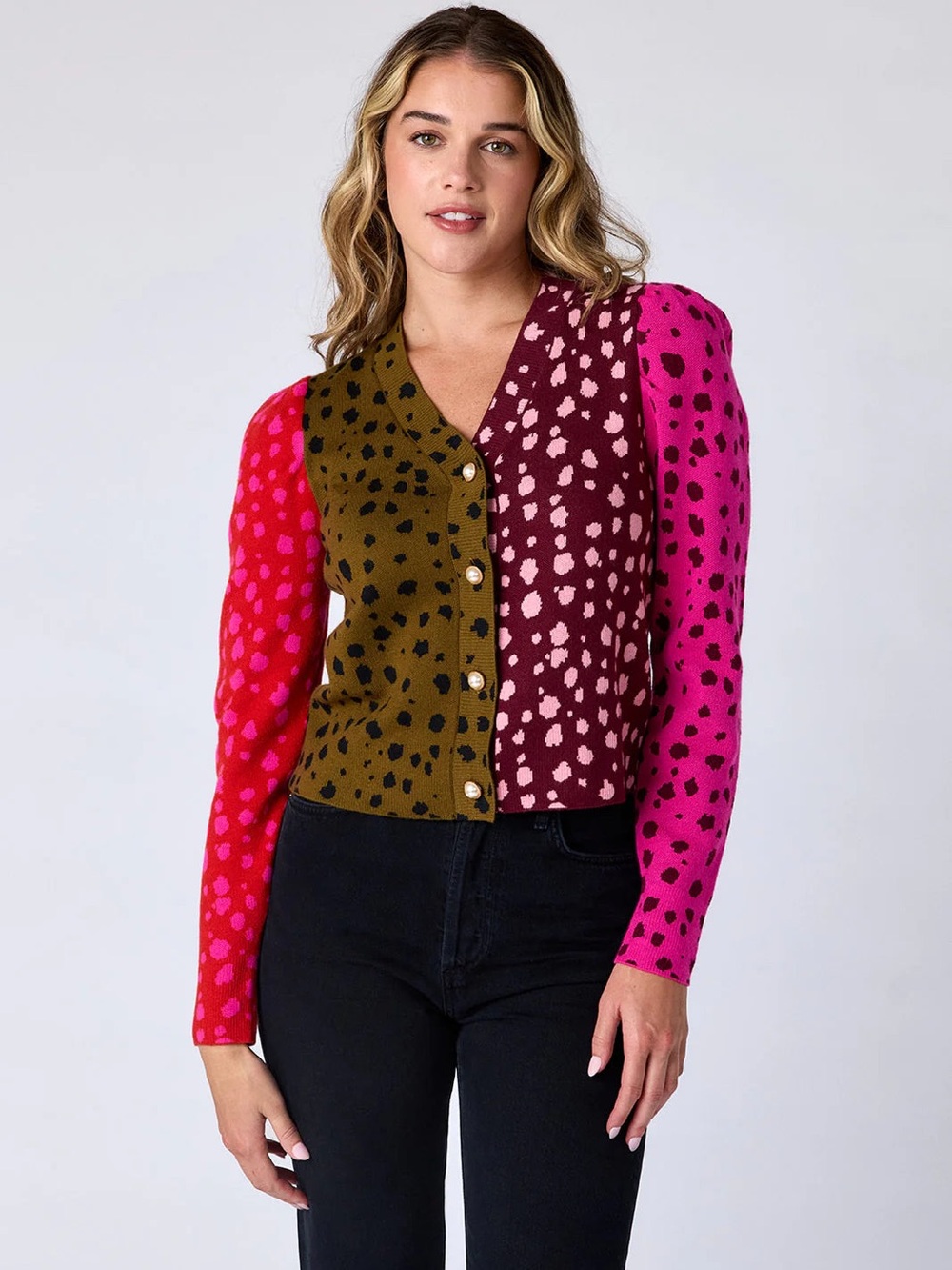 CROSBY by Mollie Burch Jovie Cardigan Spotted Colorblock Cashmere Blend XL NWT